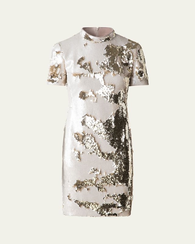 Mock-Neck Short-Sleeve Sequin Mini Dress